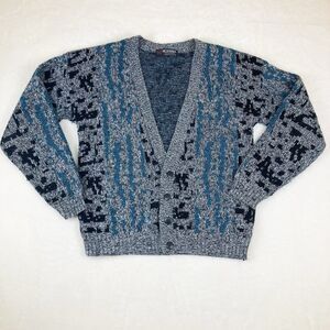 Scandia Cardigan Men’s Large Blue Black Vintage 80s 90s Grandpa Sweater USA Made